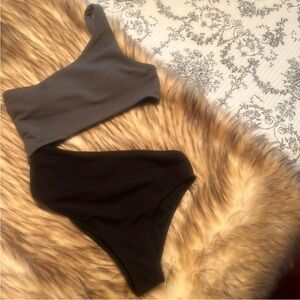 SHEIN Gray and Black One Shoulder One Piece Swimsuit